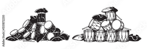 Pile of marching drums used in patriotic parades and independence events