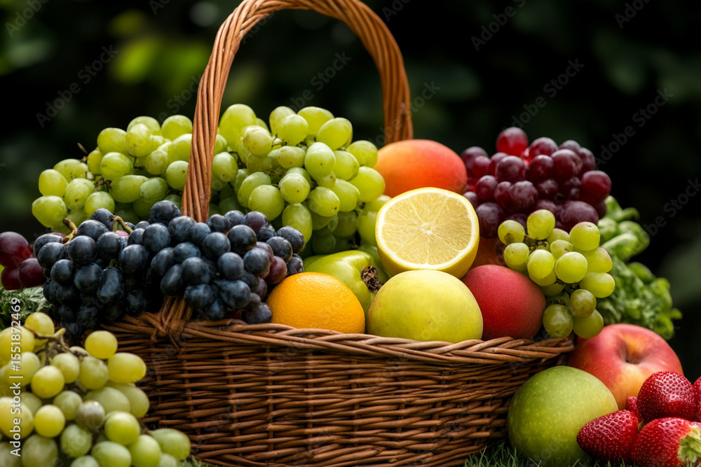 Fresh fruits and vegetables in a rustic basket for healthy meals Fresh fruits and vegetables in a rustic basket for healthy meals