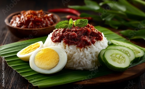 Malaysian nasi lemak daun pisang, aromatic rice, rich sambal, hard-boiled eggs, and fresh cucumber slices on a banana leaf