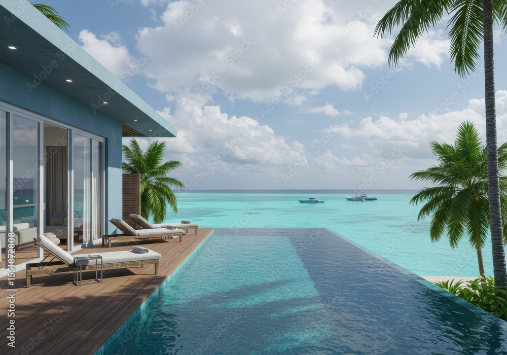 Fototapeta premium Infinity pool overlooks the turquoise ocean at a tropical villa with palm trees