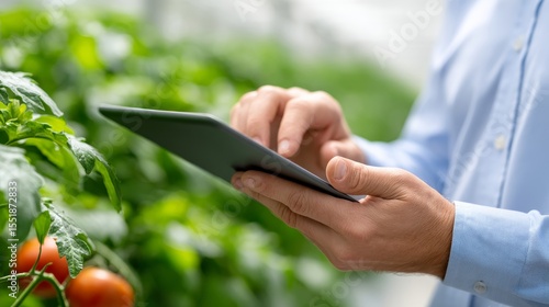 Farmer Managing Irrigation Schedule Using Digital Tablet Among Tomato Plants in Greenhouse