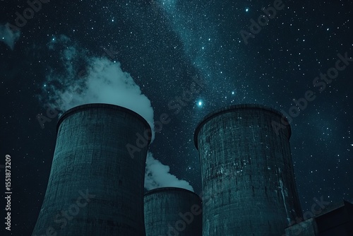 Nuclear power plant at night with a starry sky in the background, showcasing energy production