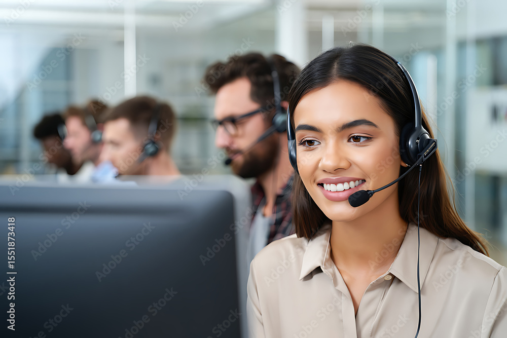 Smiling Customer Service Representative in Modern Office, Professional Headset, Team Support, Efficient Help Desk, Positive Business Communication. Smiling Customer Service Representative in Modern Office, Professional Headset, Team Support, Efficient Help Desk, Positive Business Communication.