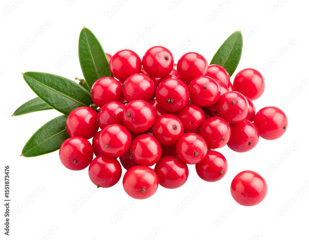 Lingonberry cluster with vibrant red berries and green leaves on transparent background Lingonberry cluster with vibrant red berries and green leaves on transparent background