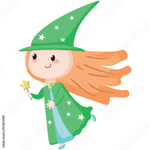 Cute enchantress with magic wand vector. Cartoon character wearing pretty hat, costume icon illustration. Magical fairytale sorcerer child moving isolated on white background
