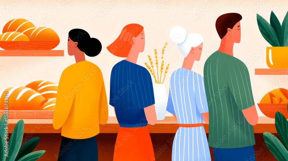 Group of Diverse People Waiting Calmly in Queue at Bakery Counter with Fresh Bread Displayed Group of Diverse People Waiting Calmly in Queue at Bakery Counter with Fresh Bread Displayed