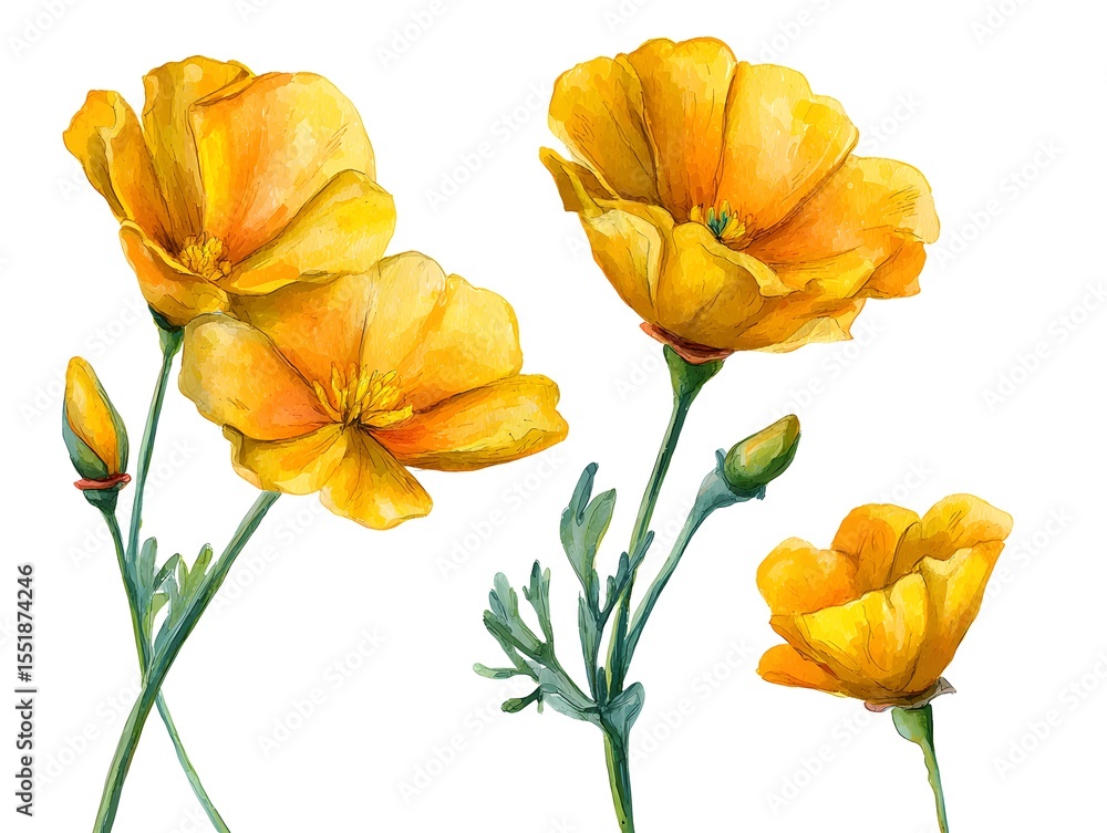 Naklejka premium Vibrant Watercolor Flower Set: A collection of beautiful yellow flowers with intricate details, perfect for adding a touch of nature's beauty to any project