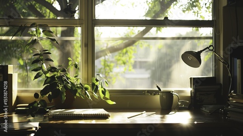 Sunlight Streaming Through Classroom Window onto Empty Wooden Desk, Warm Sunbeam Illumination in School Interior with Dust Particles and Bokeh Effect, Peaceful Learning Atmosphere