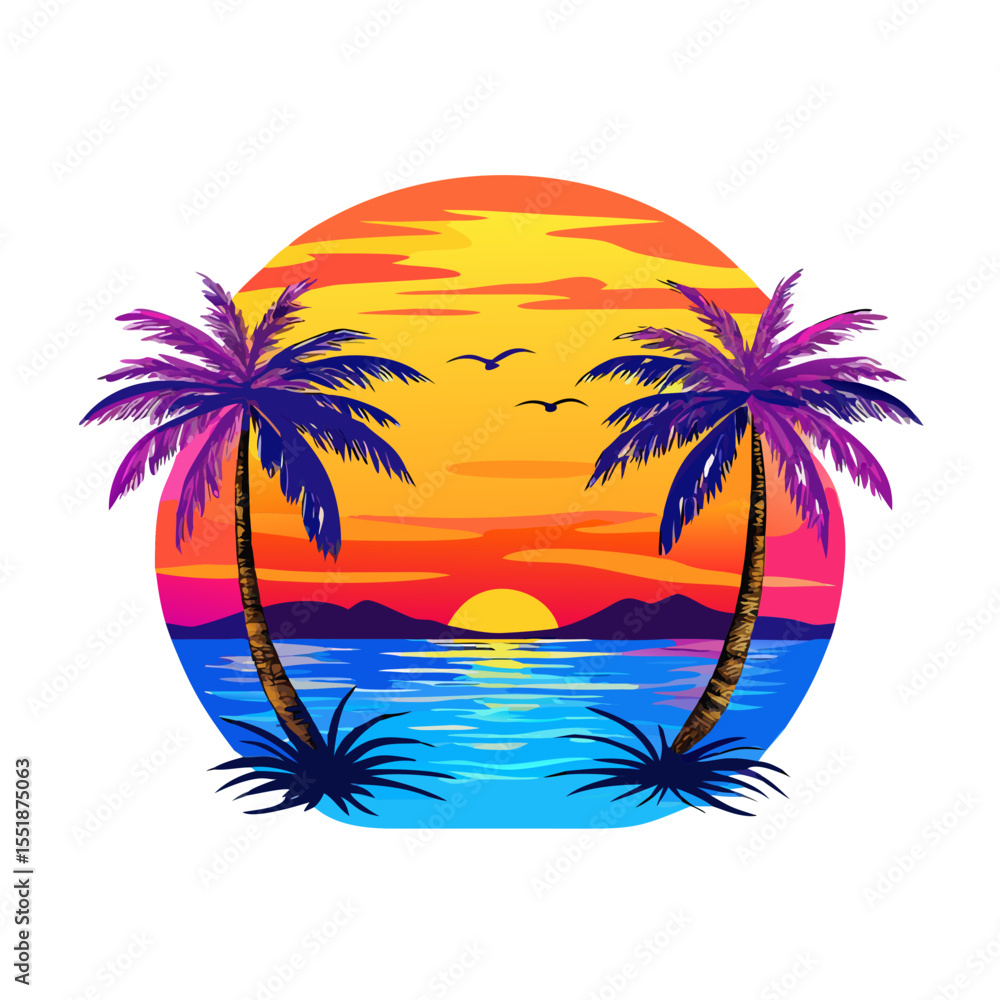 Obraz premium Tropical Sunset Palm Tree T-Shirt Design – Bold Ocean Sunset with Palm Trees, Colorful Waves, Bright Tropical Flowers, Vibrant Beach Art on White Background
