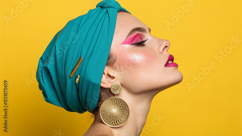 Stylish woman with bright pink makeup and a teal headscarf adorned with gold accessories against a vibrant yellow background