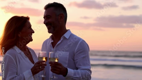Romantic beach sunset celebrating couple toasting with champagne