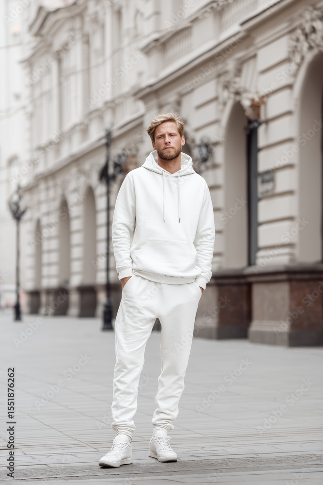 A young man stands confidently on a city street, dressed in a stylish all-white outfit sports suit mockup consisting of a hoodie and joggers. The background features elegant architecture. A young man stands confidently on a city street, dressed in a stylish all-white outfit sports suit mockup consisting of a hoodie and joggers. The background features elegant architecture.