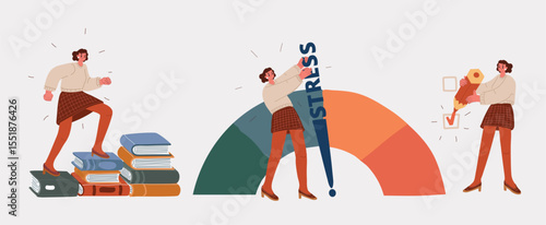 Cartoon vector illustration of a woman walking on a stack of books, reducing her stress by pulling a stress meter arrow, and checking a box, symbolizing exam preparation and success