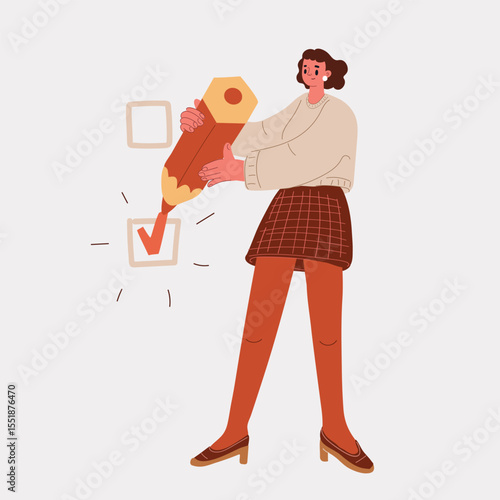 Cartoon vector illustration of a woman ticking a giant checkbox, symbolizing decision-making and personal achievement