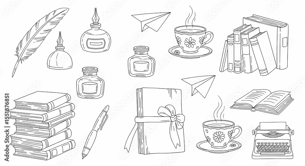 Fototapeta premium Set of hand drawn whimsical illustrations of writing tools and literary references. Doodle drawings of quill pens, inkwells, stacks of books, teacups, paper planes, and tiny typewriters.