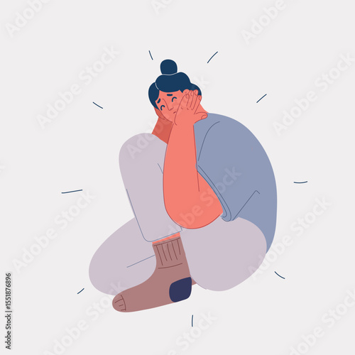 Cartoon vector illustration of a worried woman crouching, symbolizing anxiety and emotional overwhelm