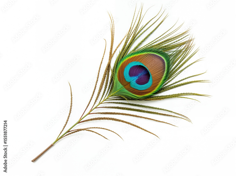 Obraz premium Peacock feather with vibrant colors on white background