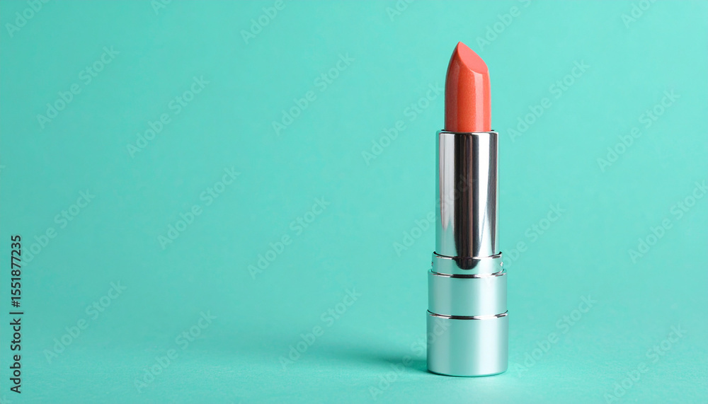 Orange lipstick with silver tube standing on turquoise background, beauty cosmetic product with smooth texture and vibrant color for makeup look Orange lipstick with silver tube standing on turquoise background, beauty cosmetic product with smooth texture and vibrant color for makeup look