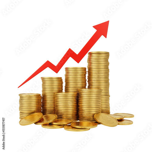 Gold Coin Stacks With Red Growth Arrow Isolated On A Transparent Background