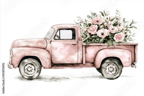 Illustration of watercolor vintage pink pickup truck with floral bouquet on white background. Perfect for greeting card.