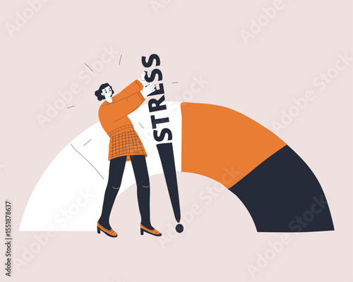Cartoon vector illustration of a woman pulling a stress gauge, symbolizing burnout and emotional overload