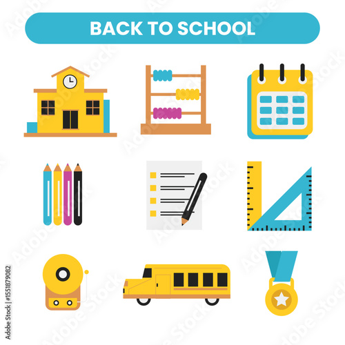School supplies big set back to school trendy flat icons element vector illustration art school
