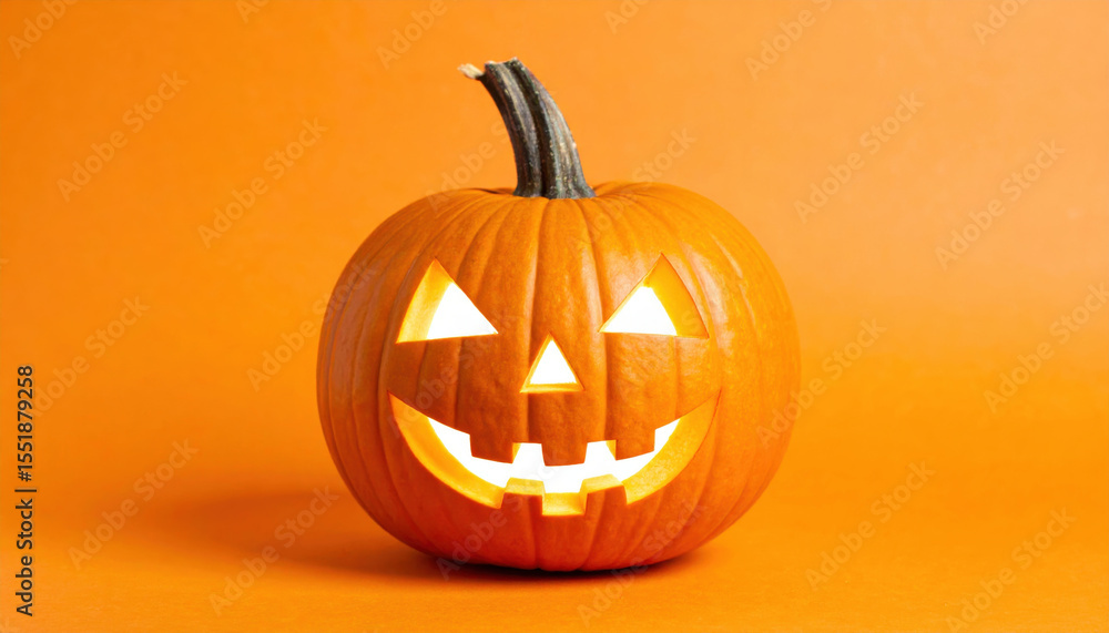 carved pumpkin with smiling face on orange background carved pumpkin with smiling face on orange background