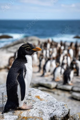 Cute Rock Hopper Looking Over Shoulder with Colony in Background at Sea Lion Island