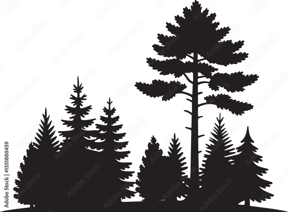 Obraz premium Monochromatic Forest Silhouette Graphic with Coniferous and Deciduous Trees Creating a Dense Woodland Scene in Simple Black and White
