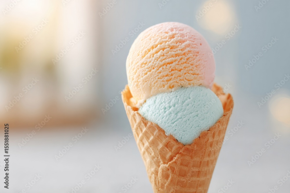 close-up of artisan waffle cone filled with triple scoop pastel ice cream close-up of artisan waffle cone filled with triple scoop pastel ice cream
