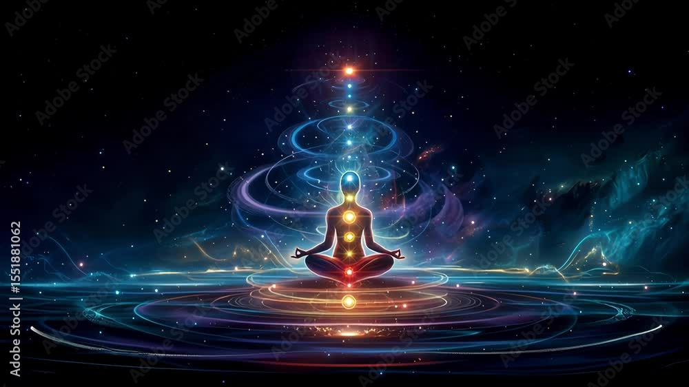 Mystical figure meditating in lotus position with glowing chakras aligned, surrounded by cosmic light and energy waves. Concept of spiritual awakening, inner peace, and energy balance