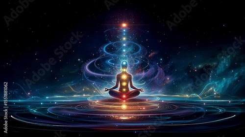 Mystical figure meditating in lotus position with glowing chakras aligned, surrounded by cosmic light and energy waves. Concept of spiritual awakening, inner peace, and energy balance