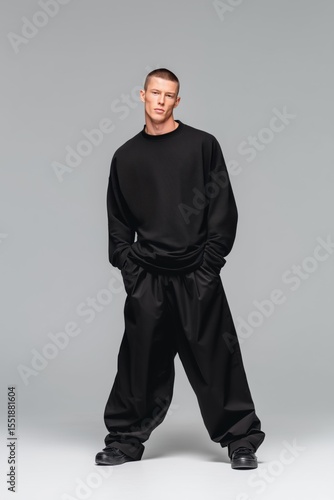 A male model stands confidently in a minimalist studio setting, wearing an oversized black sweatshirt sports suit mockup and baggy black pants. The outfit is modern and stylish.