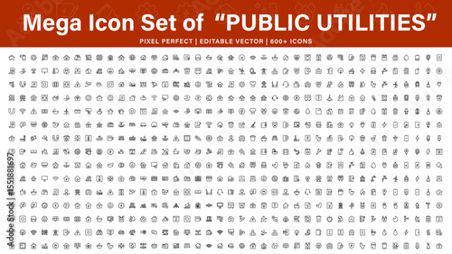 Public Utilities Mega line Icon Pack – Minimal Thin Line Icons for Power, Water Supply, Sanitation, Telecom & Urban Infrastructure Systems