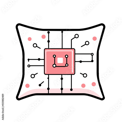 Vector icon of a smart pillow with embedded AI chip, minimal line style, white background   give keywords to upload adobe stock