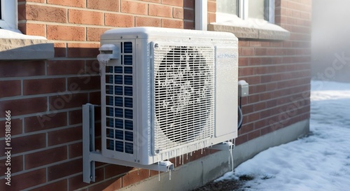 Efficient heat pump installation on residential building exterior during winter conditions with frost and snow