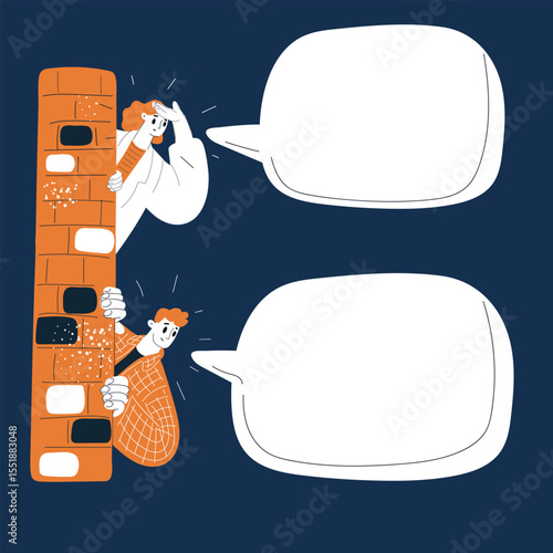 Cartoon vector illustration of two people spying from both sides of a wall with empty speech bubble as concept of secrecy and curiosity against dark background