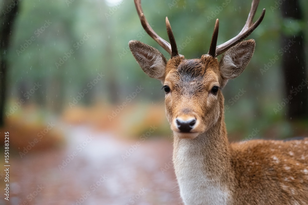 close-up of deer walking across leaf-strewn path after drizzle soft rain still falling close-up of deer walking across leaf-strewn path after drizzle soft rain still falling