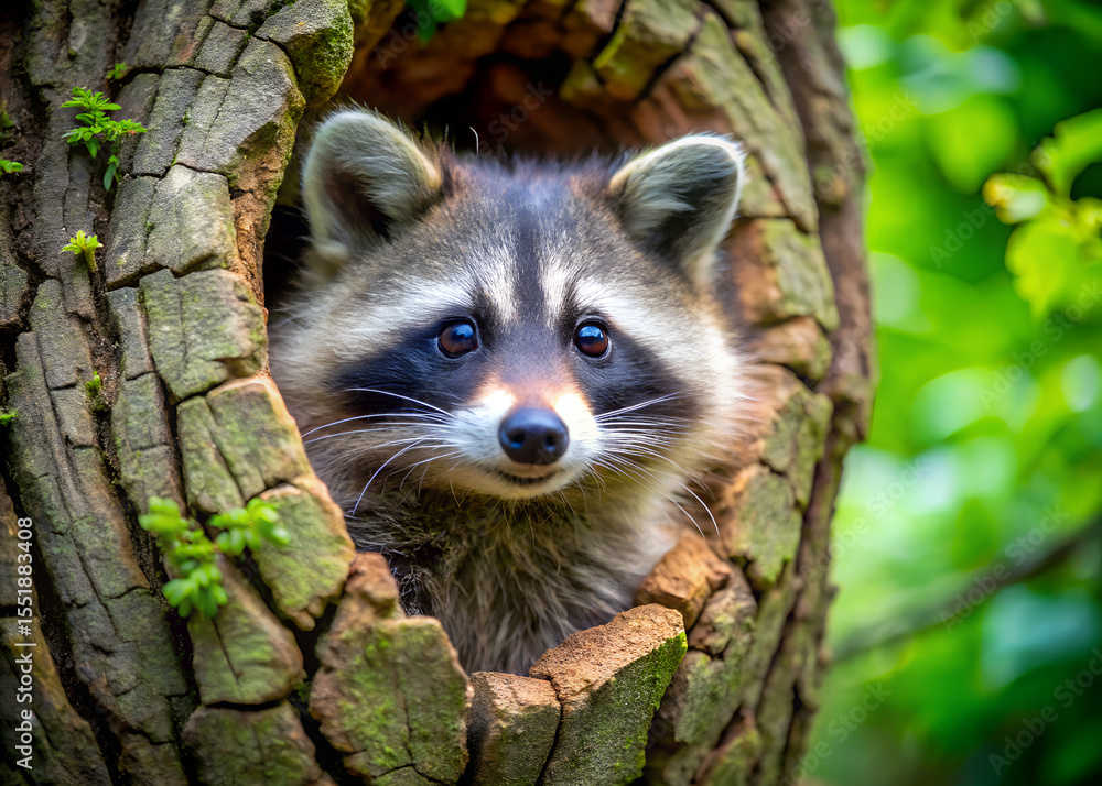Fototapeta premium raccoon peeking out from a hollow tree in the forest, curious expression generative ai