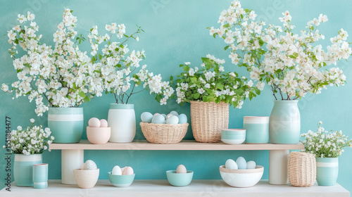 Wallpaper Mural A festive Springtime shelf arrangement, featuring blossoms, pastel eggs, and ceramic decor, perfect for Easter decorations and home accents. Torontodigital.ca