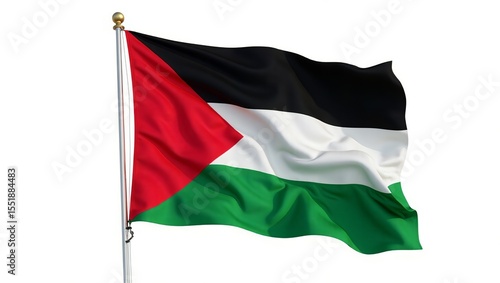Waving palestinian flag with black white red and green colors on a flagpole