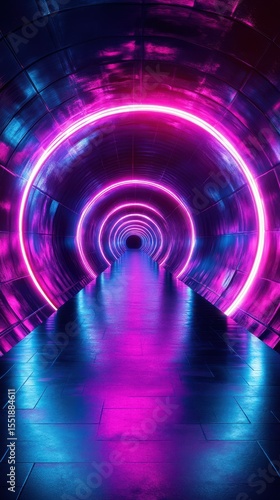 Vibrant neon tunnel with glowing pink lights and reflective surfaces creates a surreal atmosphere at night