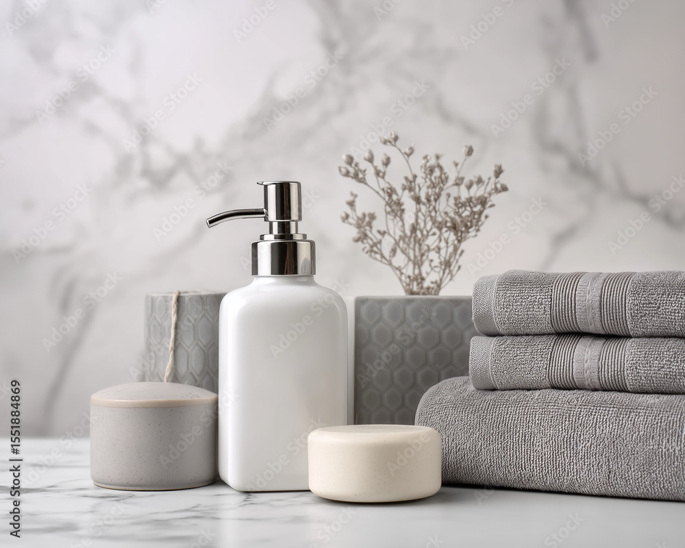 Side view of white grey Bath Products on Marble Surface Side view of white grey Bath Products on Marble Surface