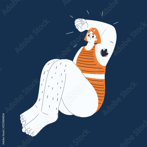 Cartoon vector illustration of a woman embracing herself confidently, celebrating natural beauty and authenticity against dark background
