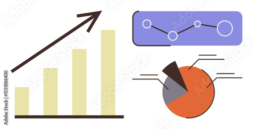 Bar chart with growth arrow, pie chart segments, and line graph with nodes representing data trends. Ideal for business, analytics, financial growth, progress visualization, report, planning simple