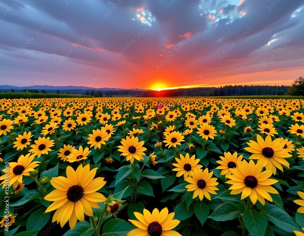 Obraz premium a vast field is filled with many large, yellow blooms, the flowers have dark centers and green leaves, the horizon is illuminated by a vibrant sunset