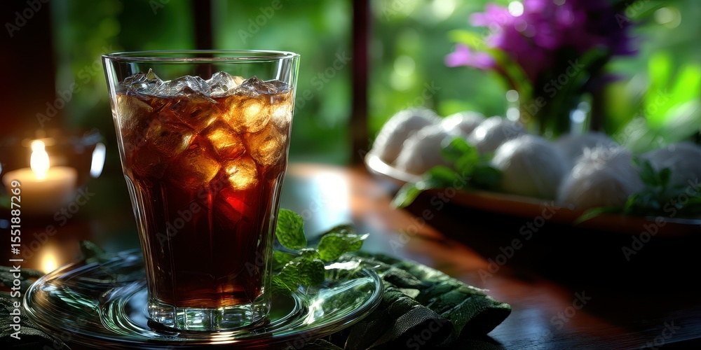 Enjoying a refreshing iced drink with a calming ambiance in a cozy setting with natural light and floral details Enjoying a refreshing iced drink with a calming ambiance in a cozy setting with natural light and floral details