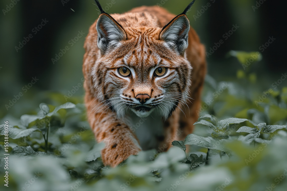 Obraz premium A lynx walking through the woods.