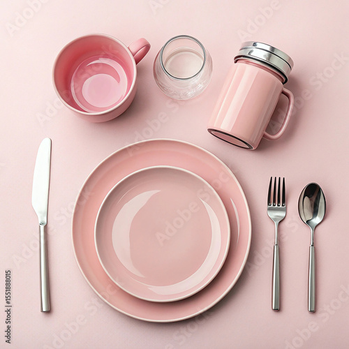 A stylish flat lay of pink ceramic plates a pink mug a glass and silverware arranged on a soft pink background