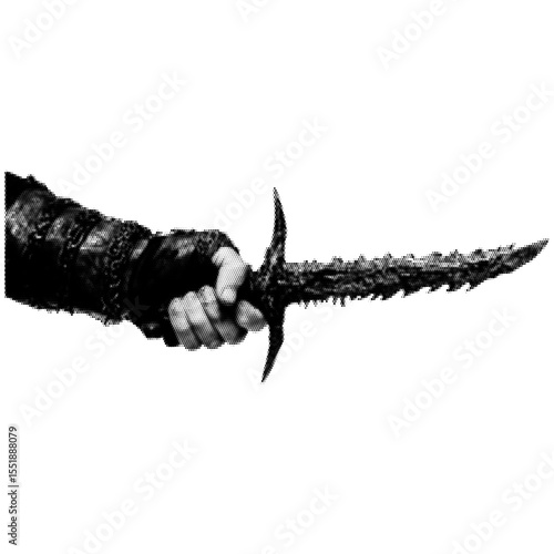 Hand holding a dagger of stone and bone. Dark Gothic and medieval style with halftones